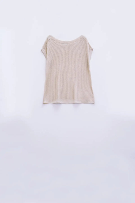 Boat neck ribbed sweater with cap sleeves in beige - BEIGE / ONE - Sweaters