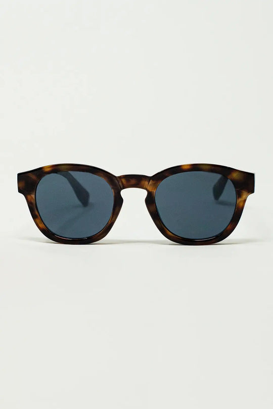 Q2 90's Round Sunglasses With Black Lenses and Dark Brown Toroise Shell Frame