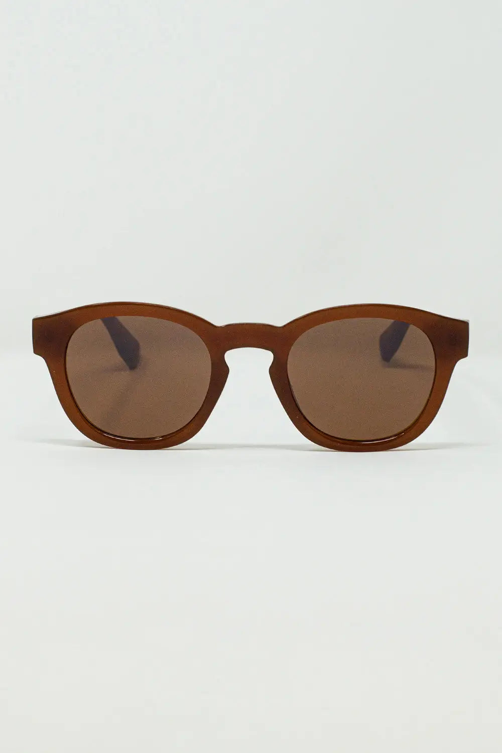 Q2 90's Round Sunglasses With Brown Tinted Lenses and Light Brown Frame
