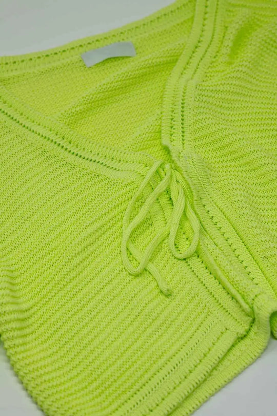Long Bell Sleeve Knitted Cardigan in Lime Green With knot detail - GREEN / ONE - Cardigans