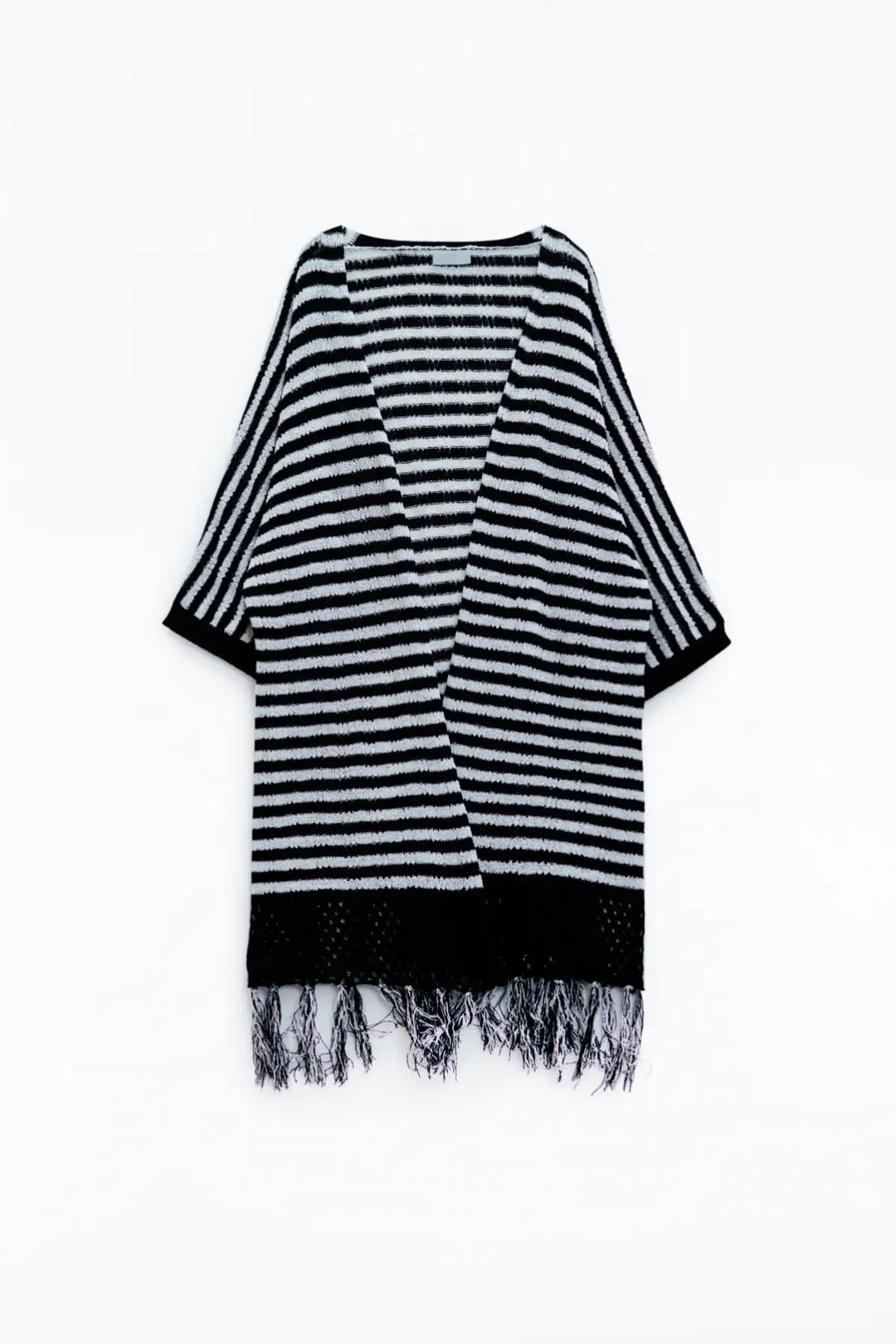 Black Boho Style Cardigan With Stripes Pointelle Knit and Fringe Details - BLACK / ONE - Cardigans