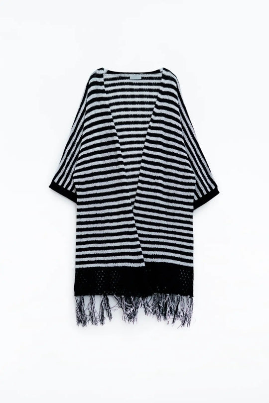 Black Boho Style Cardigan With Stripes Pointelle Knit and Fringe Details - BLACK / ONE - Cardigans