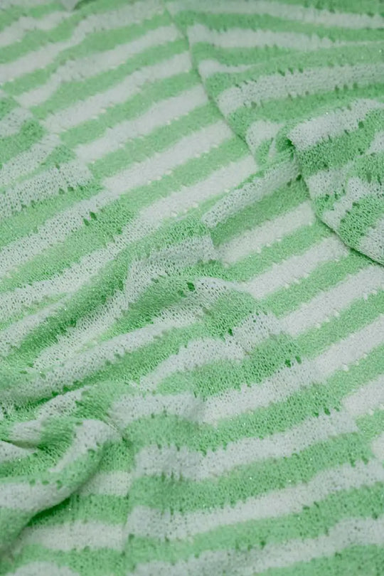Green Boho Style Cardigan With Stripes Pointelle Knit and Fringe Details - GREEN / ONE - Cardigans