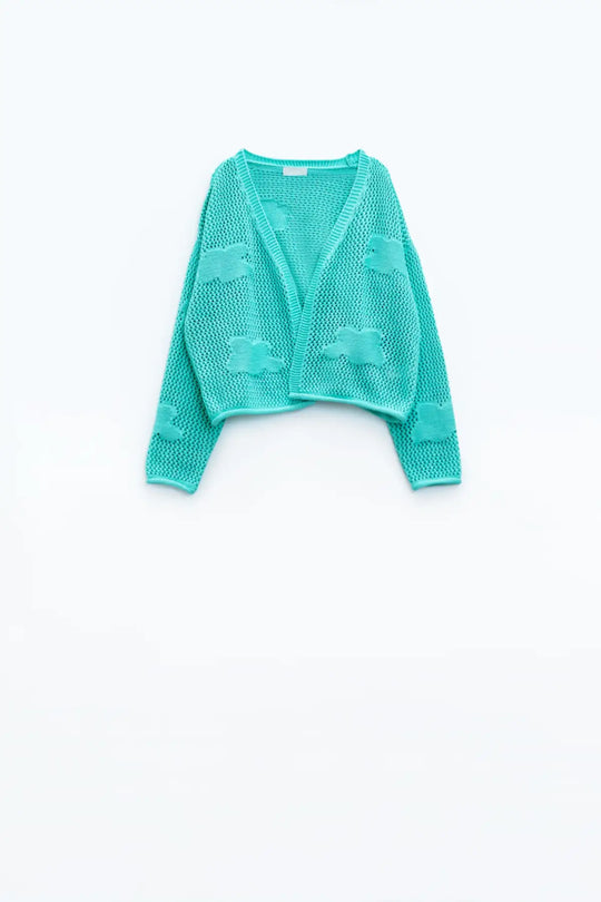 Knitted Crochet Cardigan With Knitted Clouds In light turquoise - GREEN / ONE - Cardigans