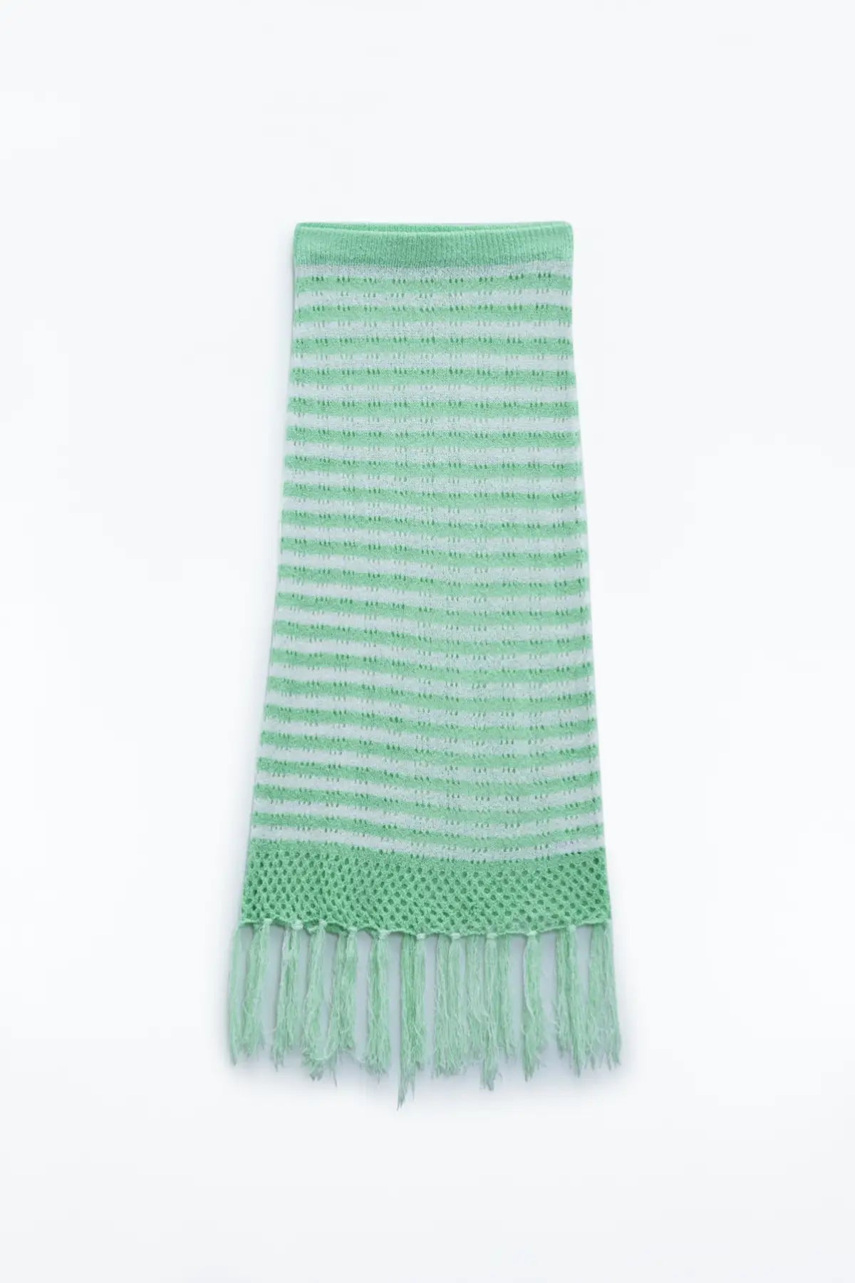 Midi Crochet White Skirt With Green Stripes and Fringe Hem - GREEN / ONE - Skirts