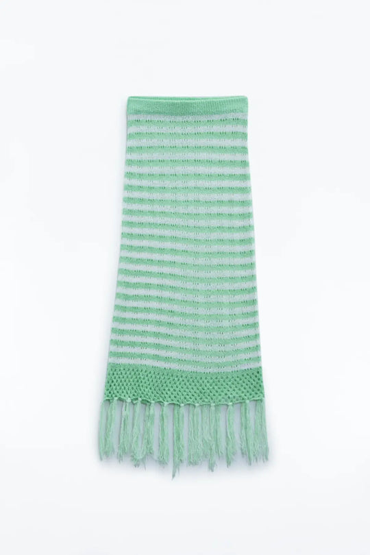Midi Crochet White Skirt With Green Stripes and Fringe Hem - GREEN / ONE - Skirts