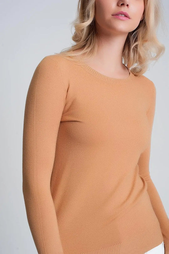 Camel plain crew neck knit jumper - Sweaters