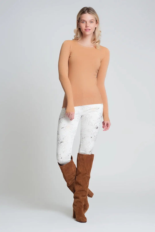 Camel plain crew neck knit jumper - Sweaters