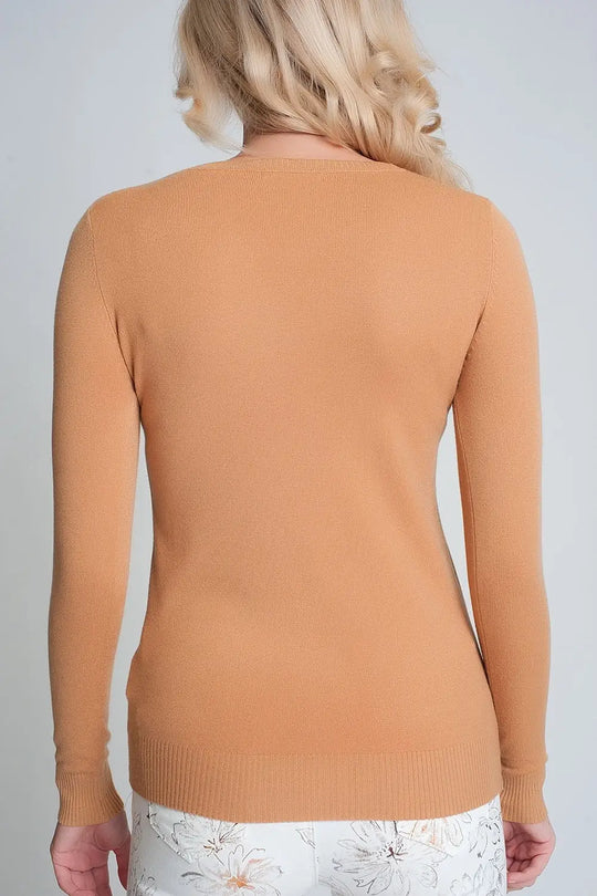 Camel plain crew neck knit jumper - Sweaters