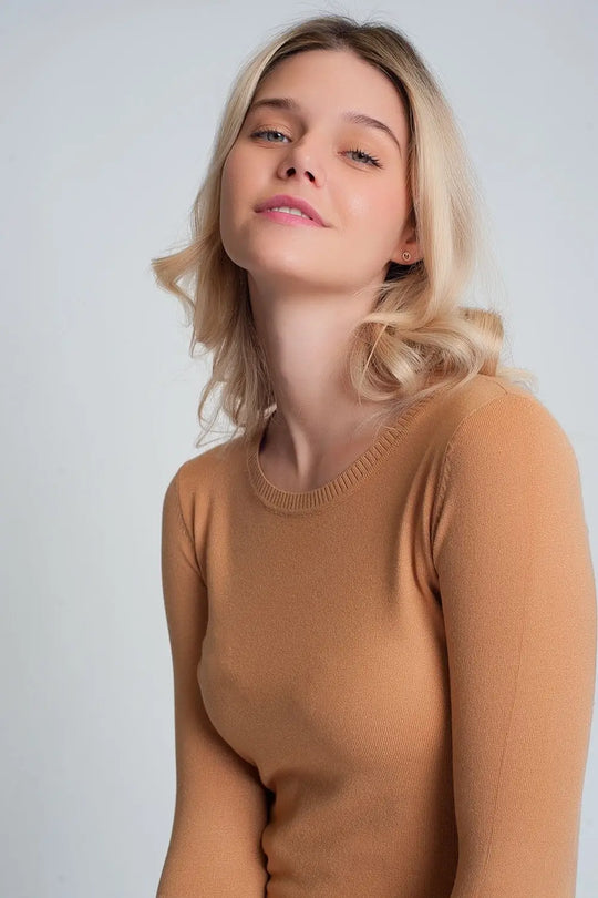 Camel plain crew neck knit jumper - Sweaters