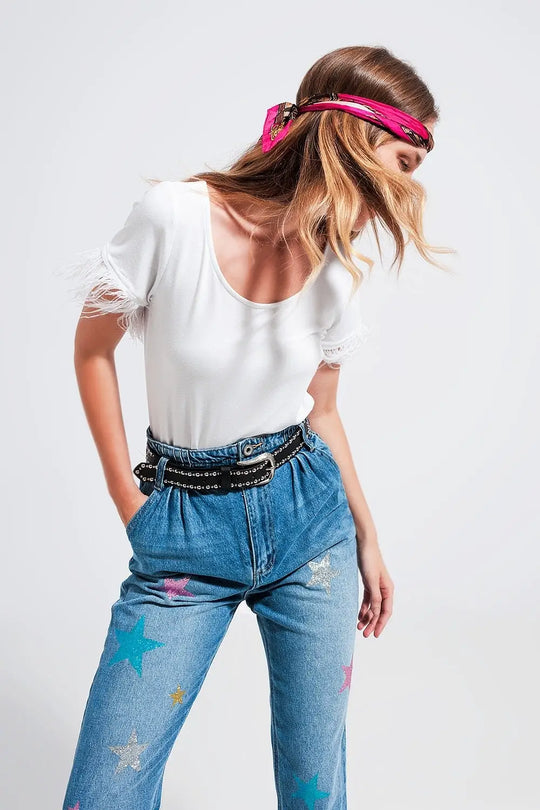 Embellished top with faux feather cuffs in white - T-Shirts