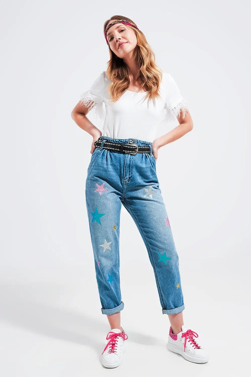 Embellished top with faux feather cuffs in white - T-Shirts