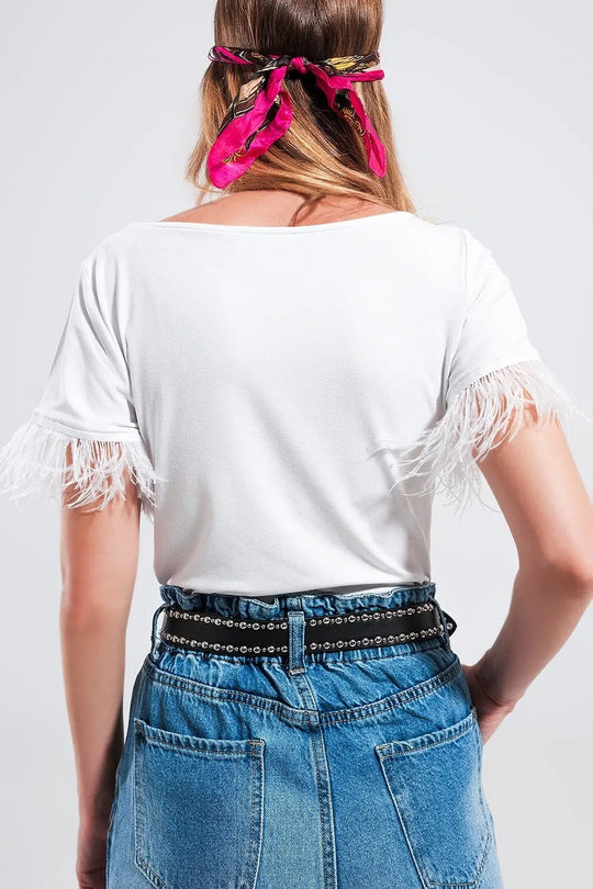 Embellished top with faux feather cuffs in white - T-Shirts