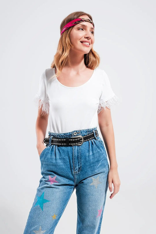 Embellished top with faux feather cuffs in white - T-Shirts