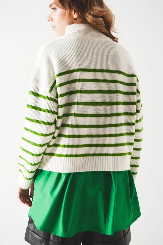 Striped zip up collar detail sweater in green - Sweaters