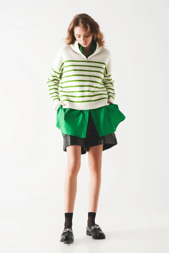 Striped zip up collar detail sweater in green - Sweaters