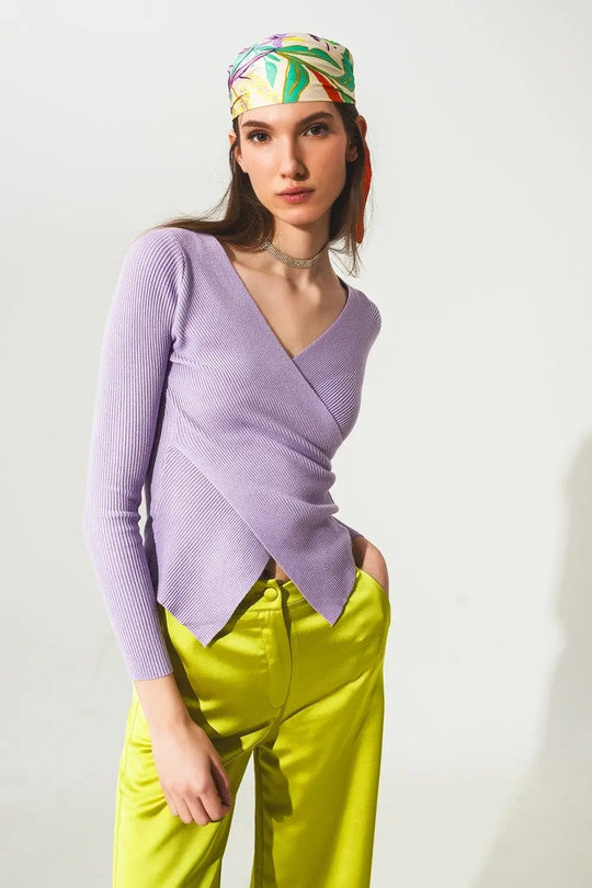Purple ribbed v neck sweater - Sweaters