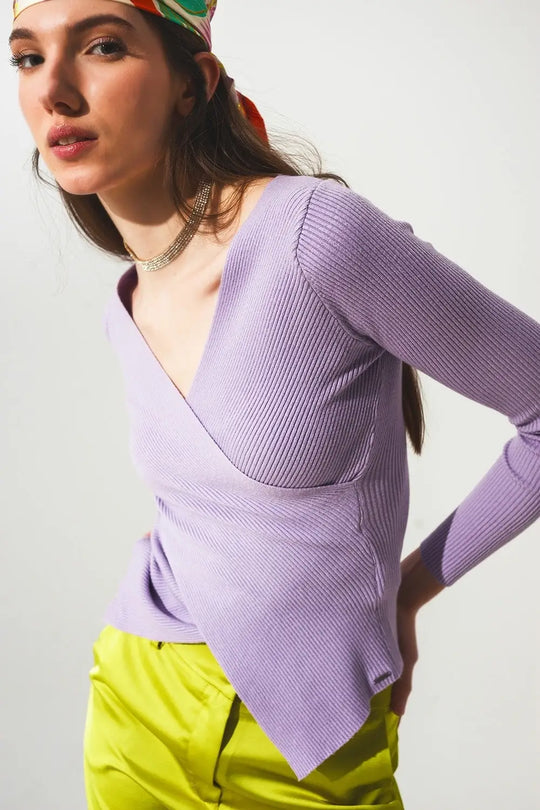 Purple ribbed v neck sweater - Sweaters