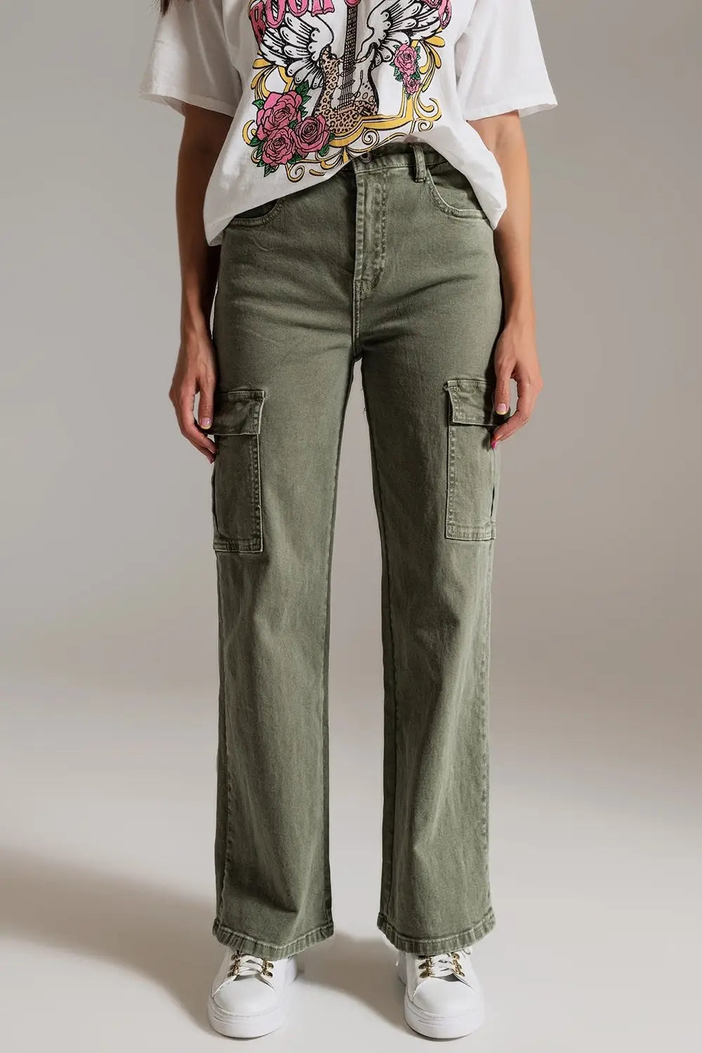 Straight Leg Cargo Jeans in Olive Green - Pants Colored Jeans