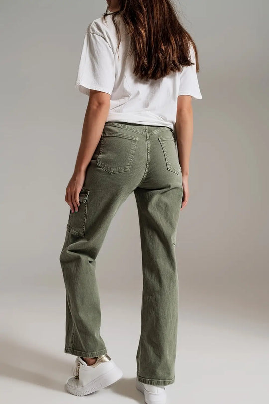 Straight Leg Cargo Jeans in Olive Green - Pants Colored Jeans