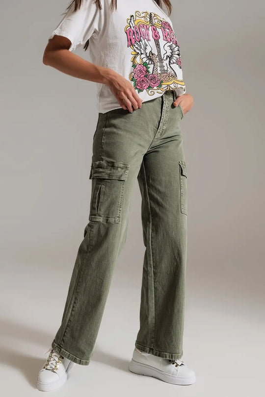 Straight Leg Cargo Jeans in Olive Green - Pants Colored Jeans