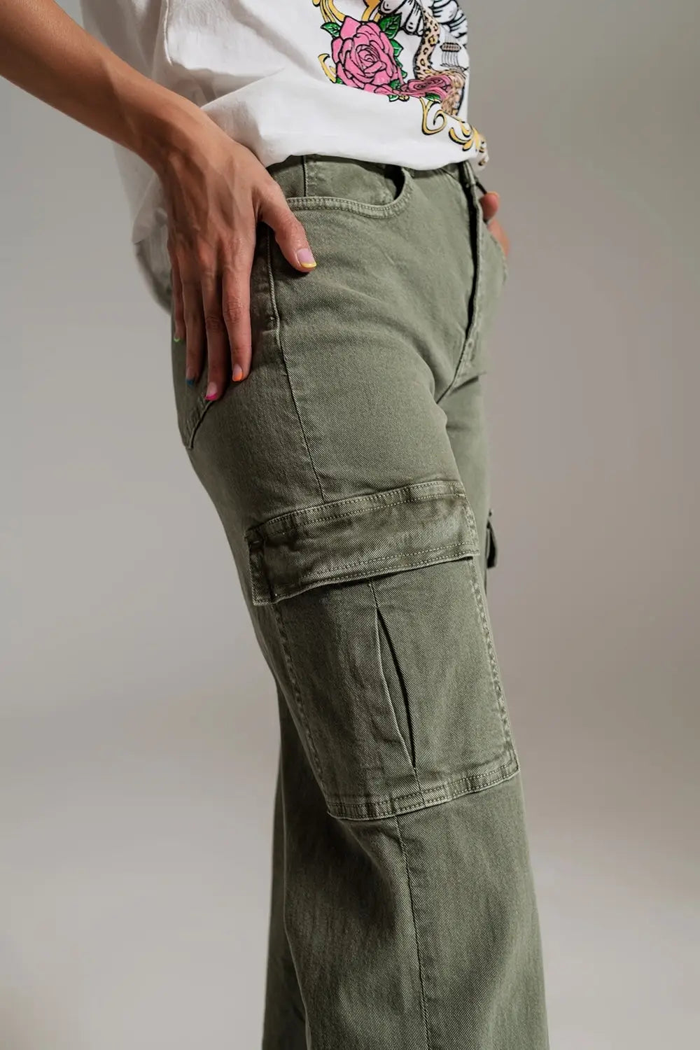 Straight Leg Cargo Jeans in Olive Green - Pants Colored Jeans