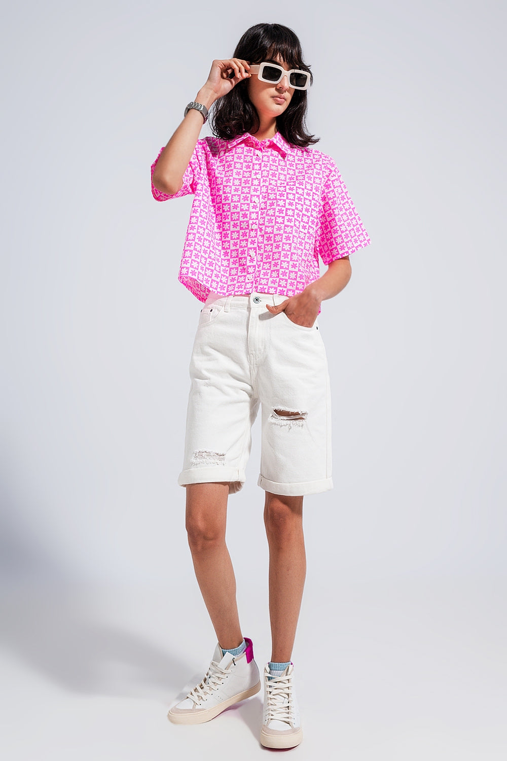 90s cropped button through pink shirt