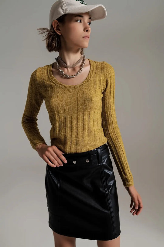 green wide neck ribbed knit sweater - Sweaters