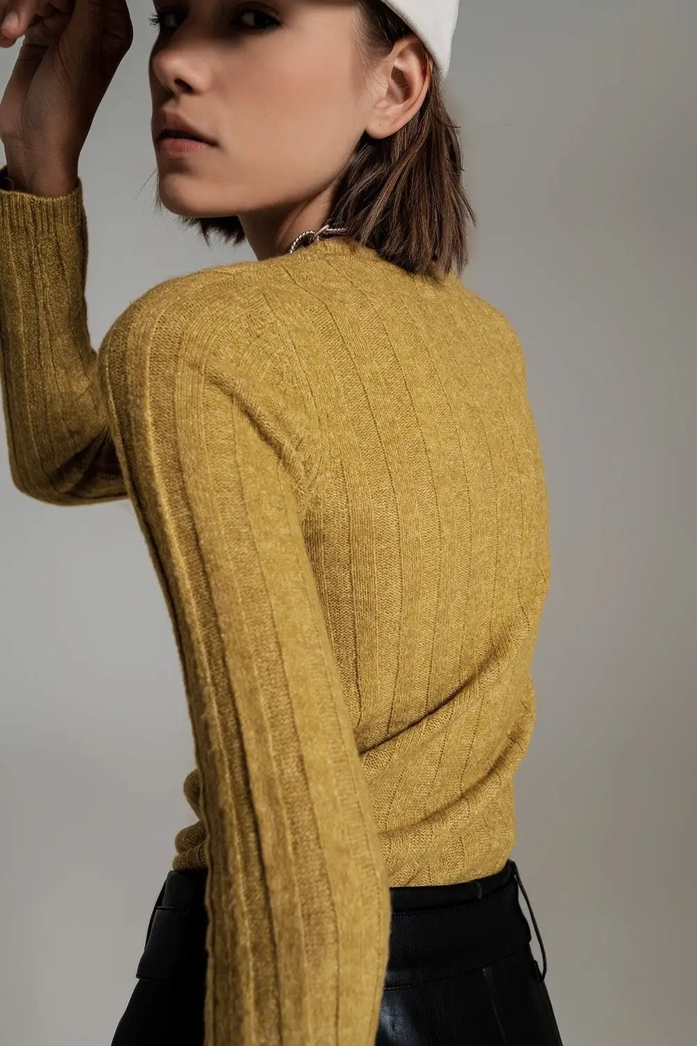 green wide neck ribbed knit sweater - Sweaters
