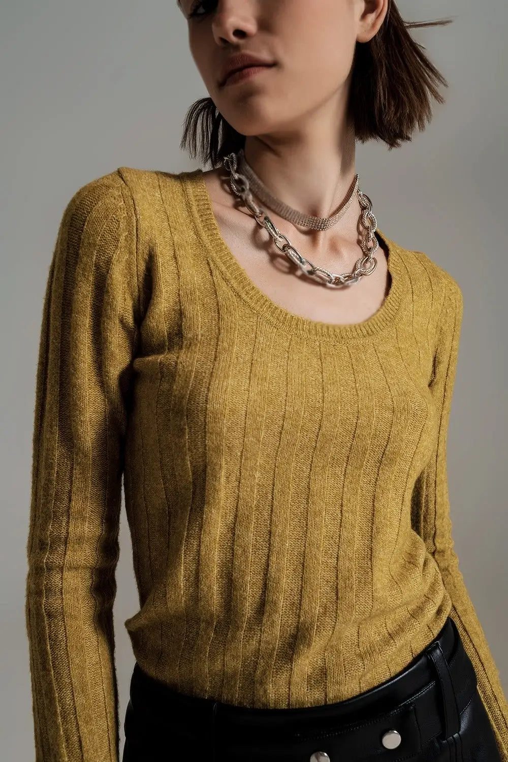 green wide neck ribbed knit sweater - Sweaters