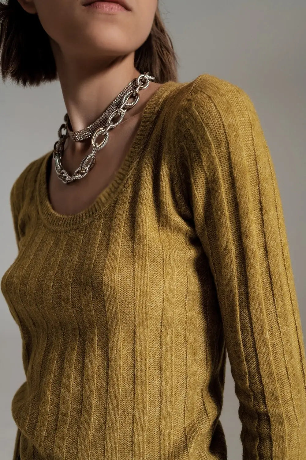 green wide neck ribbed knit sweater - Sweaters