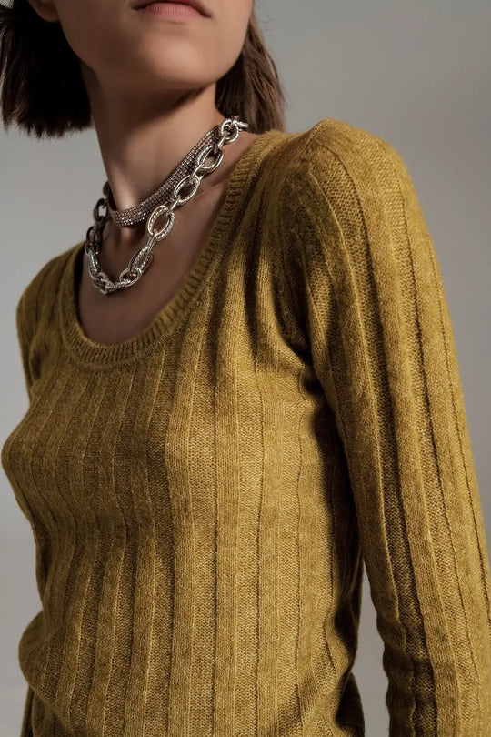 green wide neck ribbed knit sweater - Sweaters