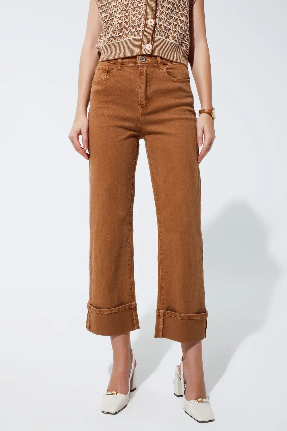 Straight leg jeans in camel with folded trouser legs - Pants Colored Jeans