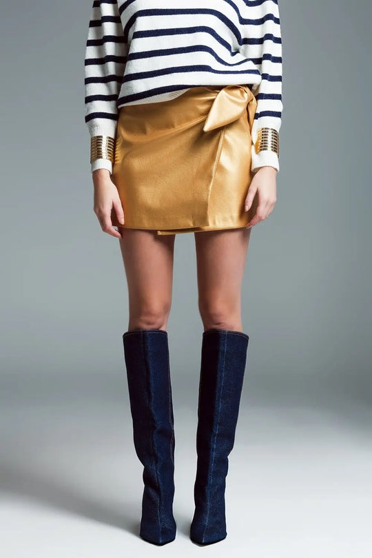 faux leather mini skirt with bow on the side in gold - Skirts
