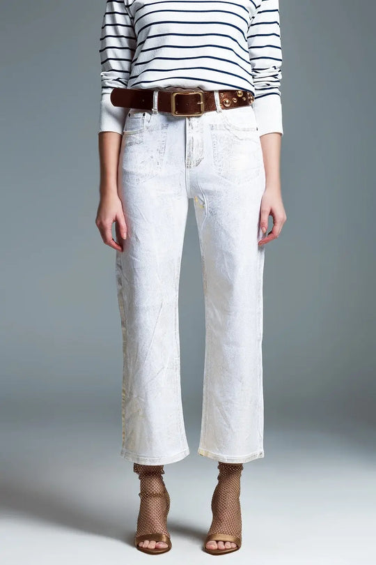 White Wide Leg Jeans With Metallic Finish In Gold - Colored Jeans