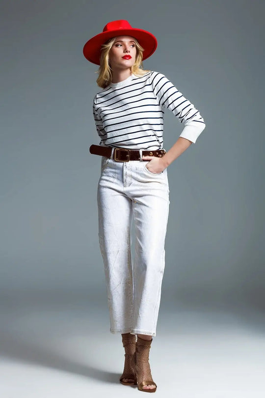 White Wide Leg Jeans With Metallic Finish In Gold - Colored Jeans