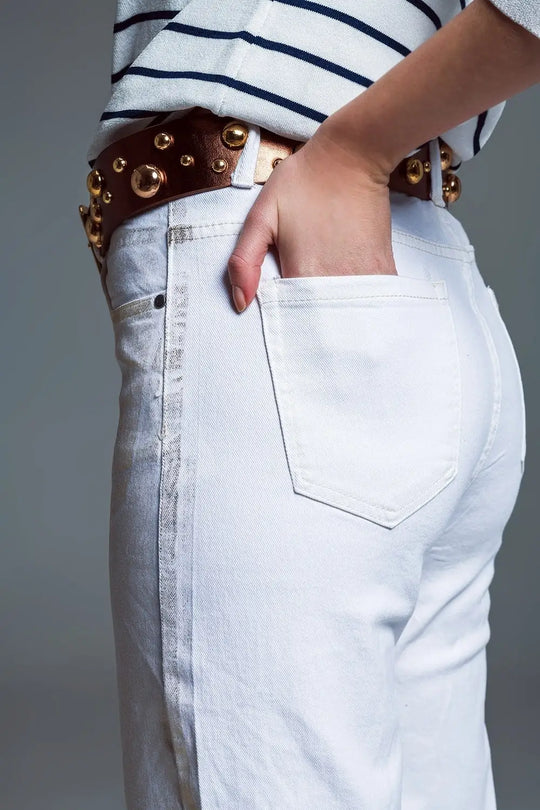 White Wide Leg Jeans With Metallic Finish In Gold - Colored Jeans