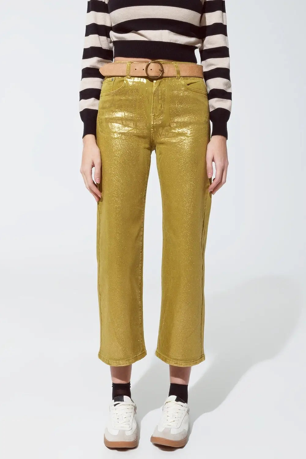 Green straight leg jeans with gold metallic glow - Colored Jeans