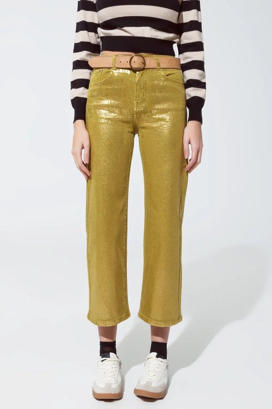 Green straight leg jeans with gold metallic glow - Colored Jeans