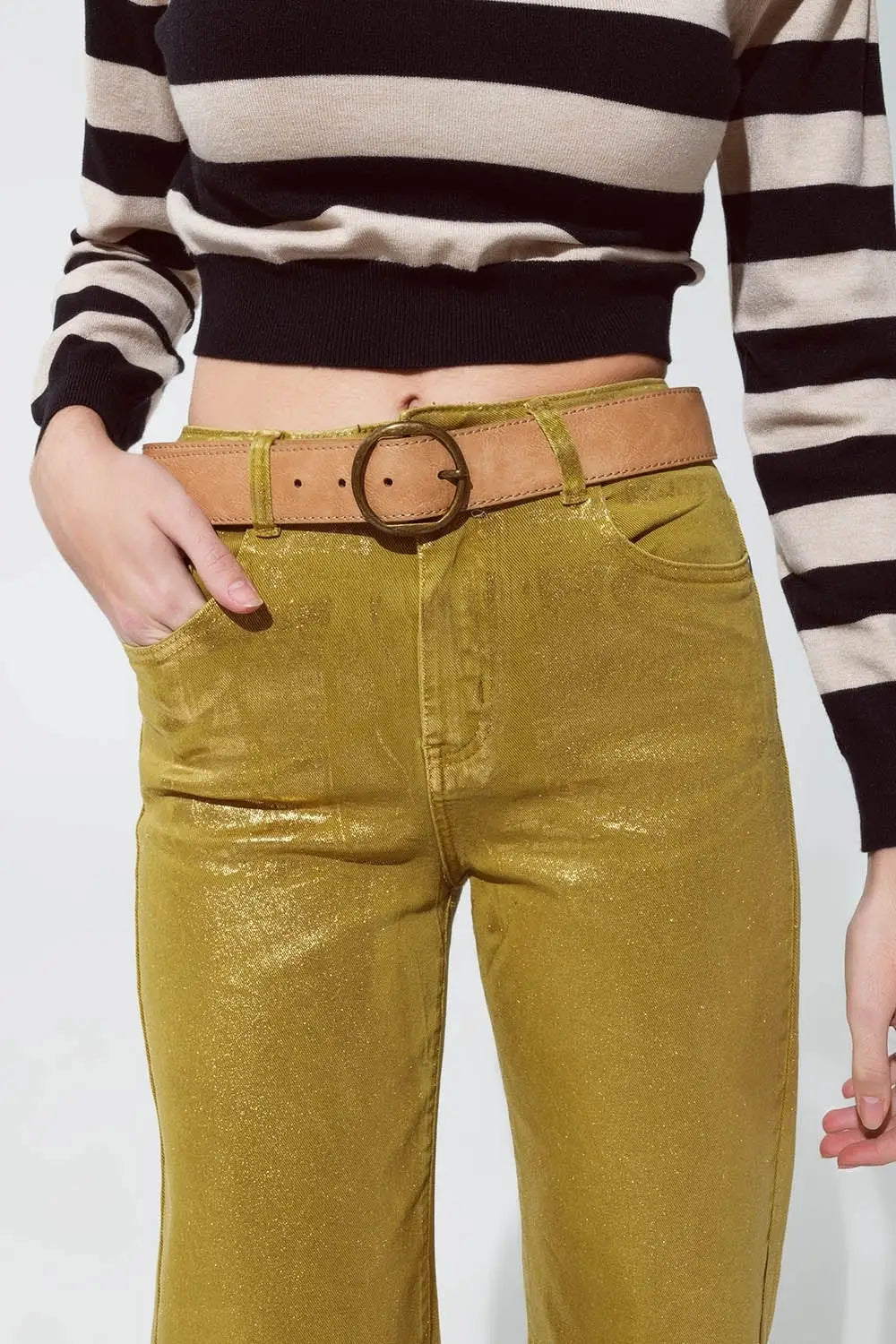Green straight leg jeans with gold metallic glow - Colored Jeans