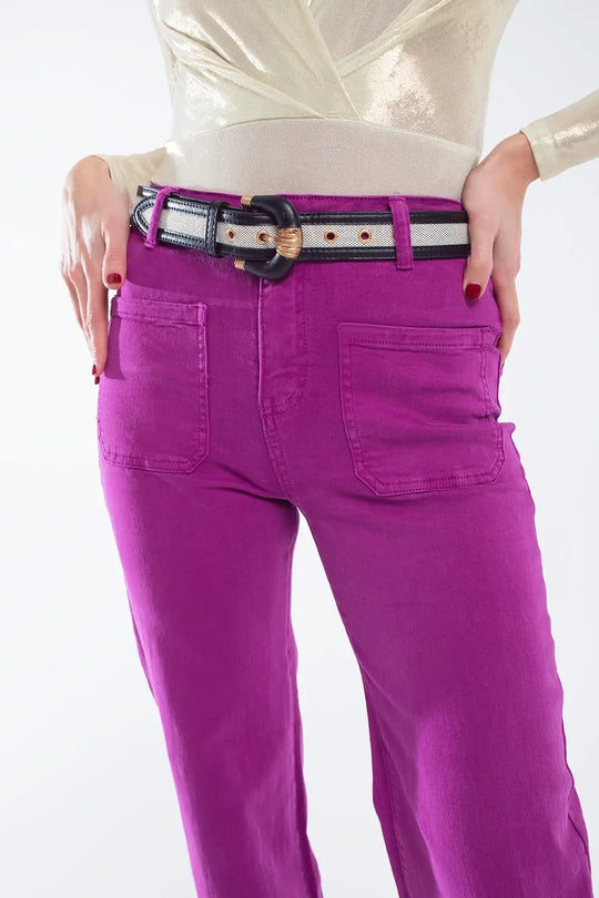 high waisted front pockets flare jeans in magenta - Colored Jeans