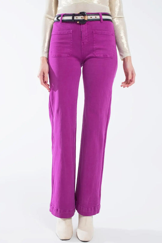 high waisted front pockets flare jeans in magenta - Colored Jeans