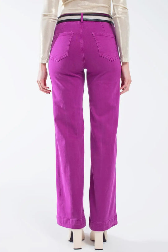 high waisted front pockets flare jeans in magenta - Colored Jeans