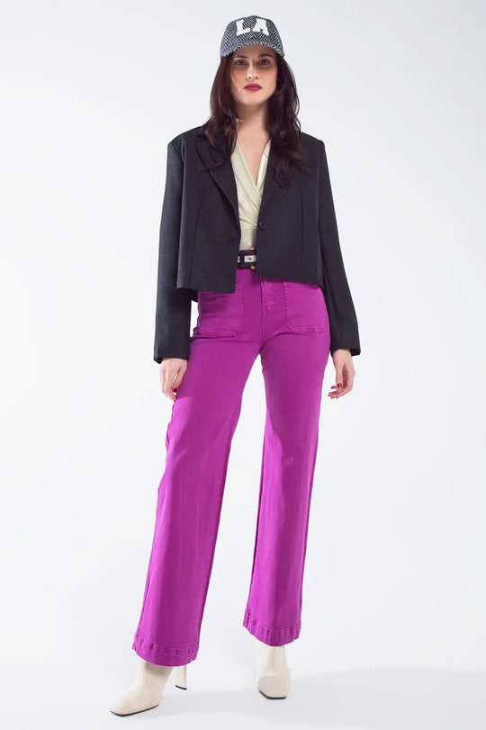 high waisted front pockets flare jeans in magenta - Colored Jeans