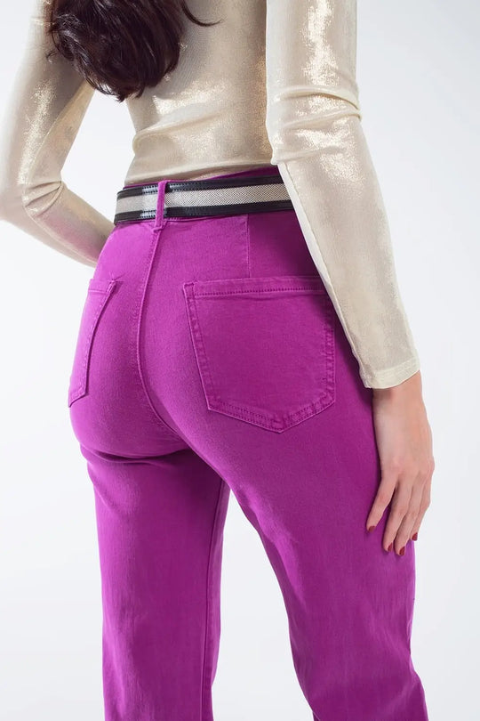 high waisted front pockets flare jeans in magenta - Colored Jeans