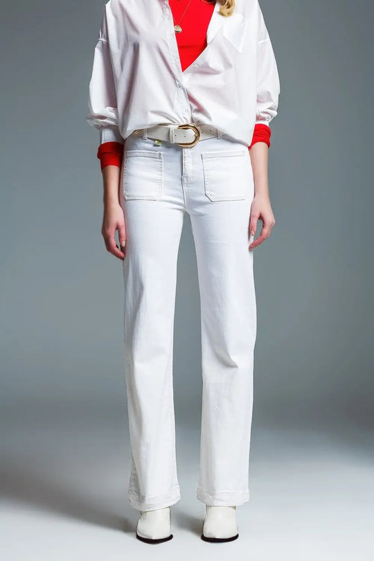 high waisted front pockets flare jeans in white - Colored Jeans