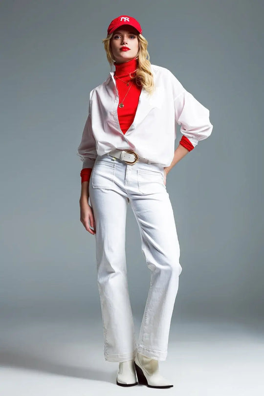 high waisted front pockets flare jeans in white - Colored Jeans
