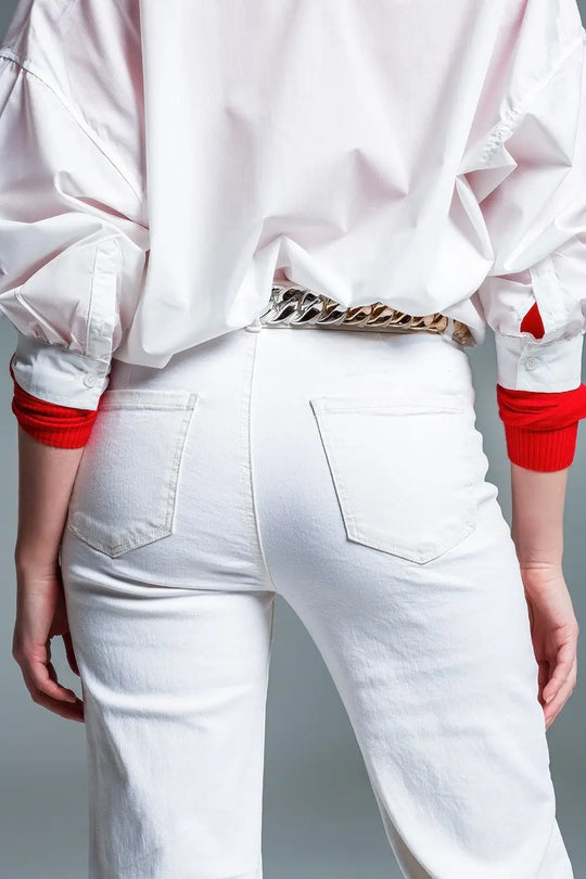 high waisted front pockets flare jeans in white - Colored Jeans