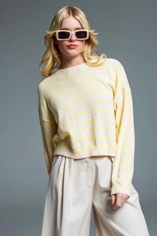 Sweater With Drop Shoulders in Beige with Yellow Stripes - Sweaters