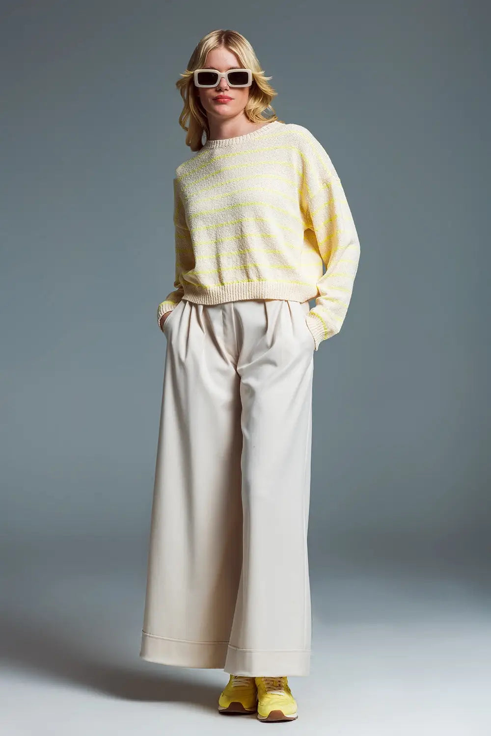 Sweater With Drop Shoulders in Beige with Yellow Stripes - Sweaters